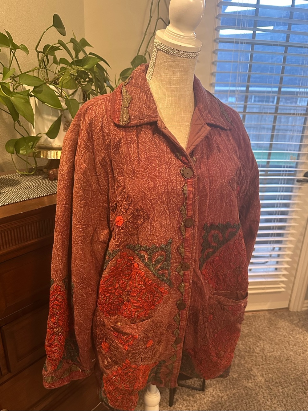 Vintage Sacred Threads Quilted Patchwork Button-Up Jacket in Rust Red